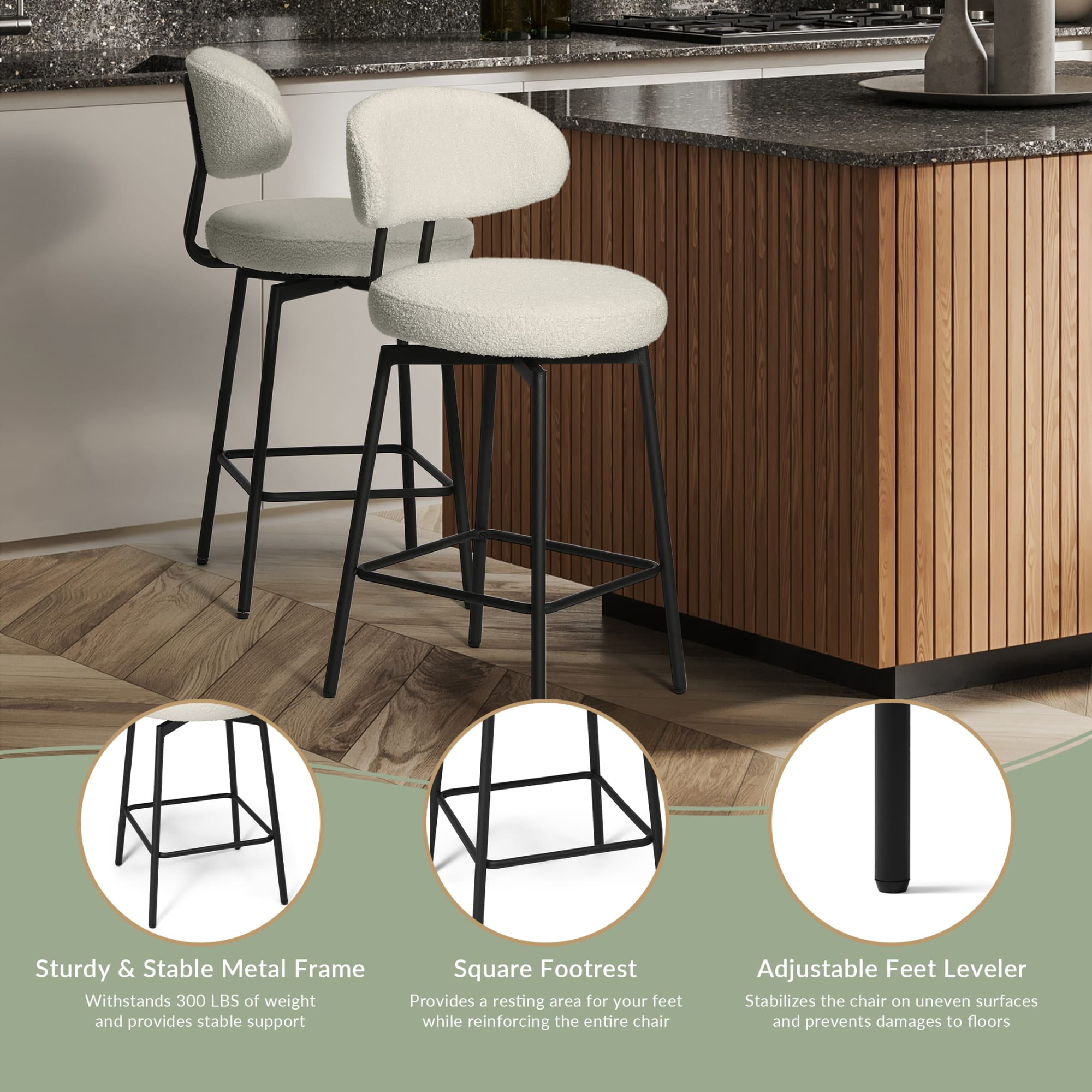 WestinTrends Alexandria Modern Upholstered Sherpa Fabric Counter Height Bar Stools with Back (Set of 2), Cream