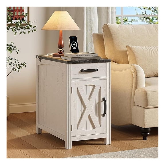 Farmhouse End Table with Charging Station, Narrow Side Table with Barn Door, Rustic Wood Sofa Side Table with Drawer and Storage Cabinet, 23.5" Small Nightstand for Living Room (Rustic White)