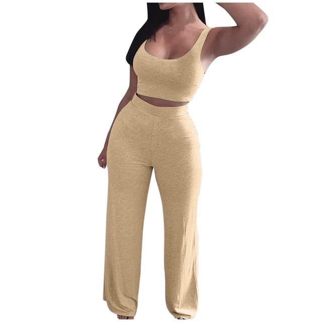 Conjunto de verano de 2 piezas para mujer: top corto sin mangas y pantalones anchos, tejido espaciador, cordón elástico, tallas S-XXXL para vacaciones