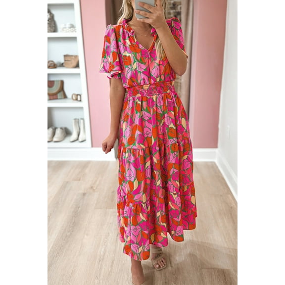 Ushdele Rose Floral Maxi Dress: Short Sleeve, Smocked Waist, Summer Elegance