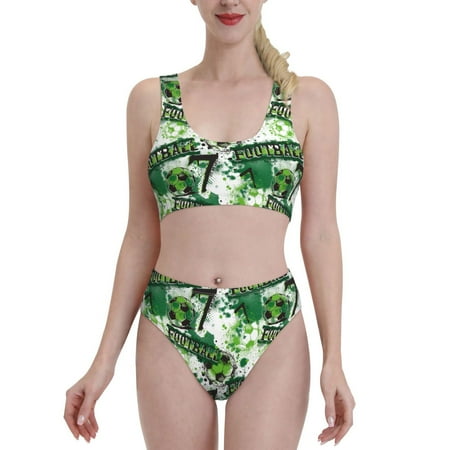 Bixox Football 7 Pattern Two-Piece Sports Bikini with U-Shaped Top and High-Waist Bottom - Women s Swimwear with Removable Bra Pads