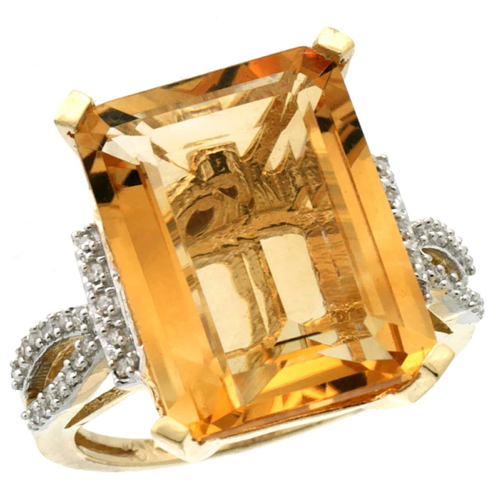 10K Yellow Gold Diamond Natural Citrine Ring Emerald-cut 16x12mm, sizes 5-10 by WorldJewels