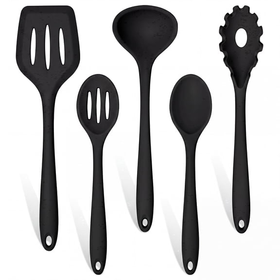 Walchoice 5 Pcs Silicone Cooking Utensils Set, Heat-Resistant Kitchen Utensils Set, Food-Grade Kitchen Tools, Soup Ladle, Slotted Spoon, Slotted Turner, Spoon, Pasta Server - Black