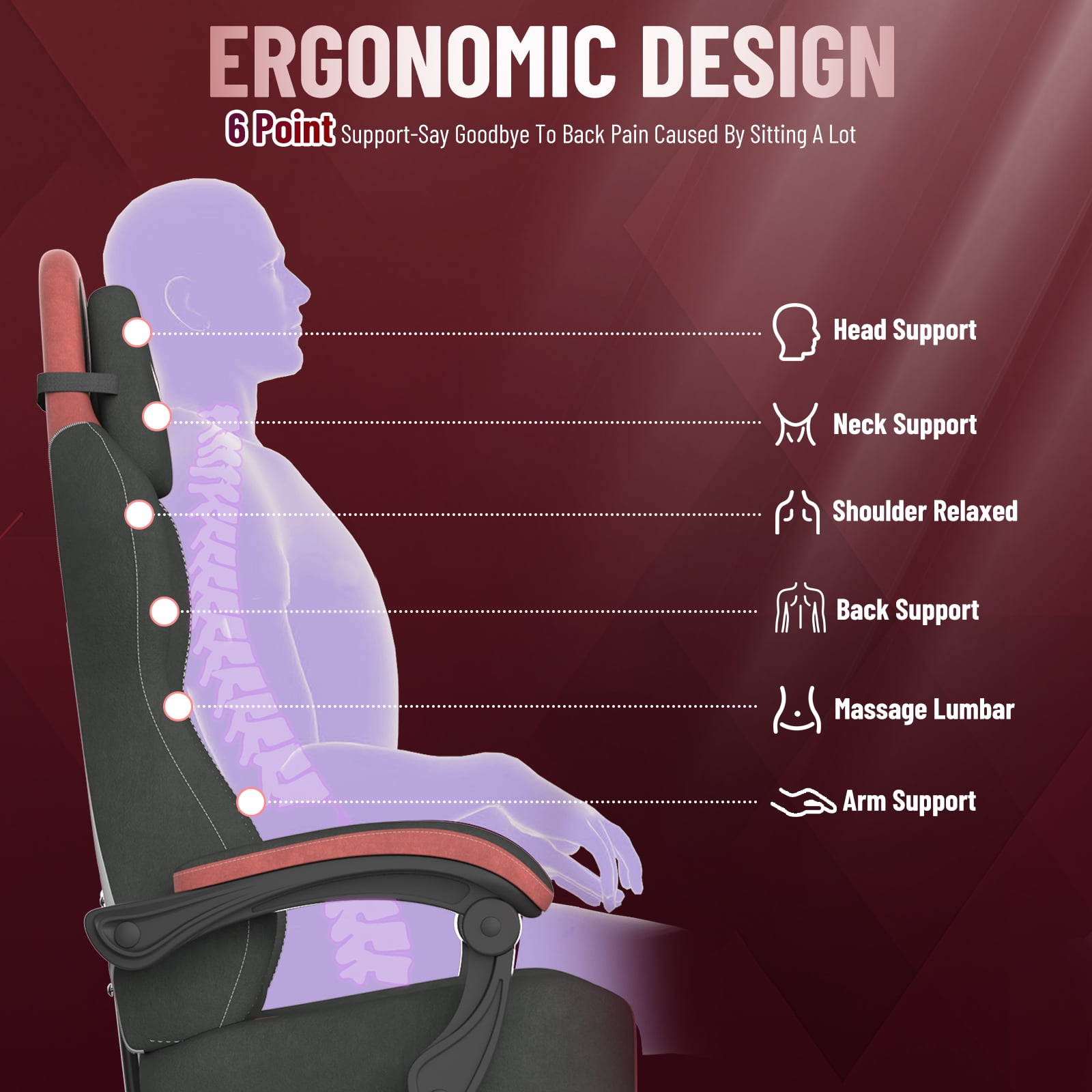 Luxvie Velvet Fabric Gaming Chair With Footrest, Ergonomic Comfortable Video Gamer Chair For Adult, Reclining Office Computer Desk Game Chairs With Massage Lumbar Cushion and Headrest, Black&Red