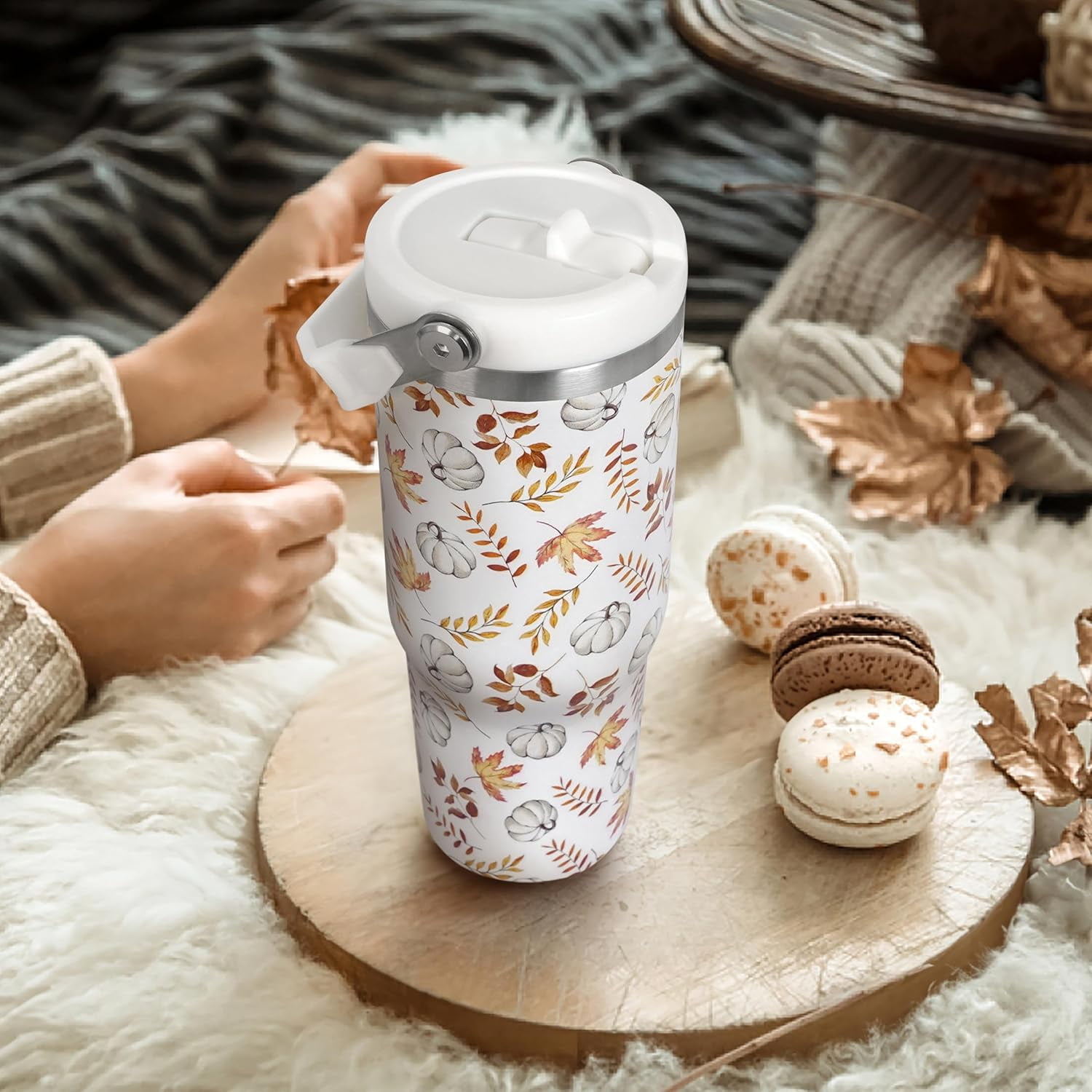 Fall Tumbler with Lid and Straw 30oz,White Pumpkin Maple Leaf Vacuum Autumn Insulated Leak Proof Tumbler,Farmhouse Gift Cute Women Kids Teen Girls,Thanksgiving Accessories Stainless Steel Coffee Cup