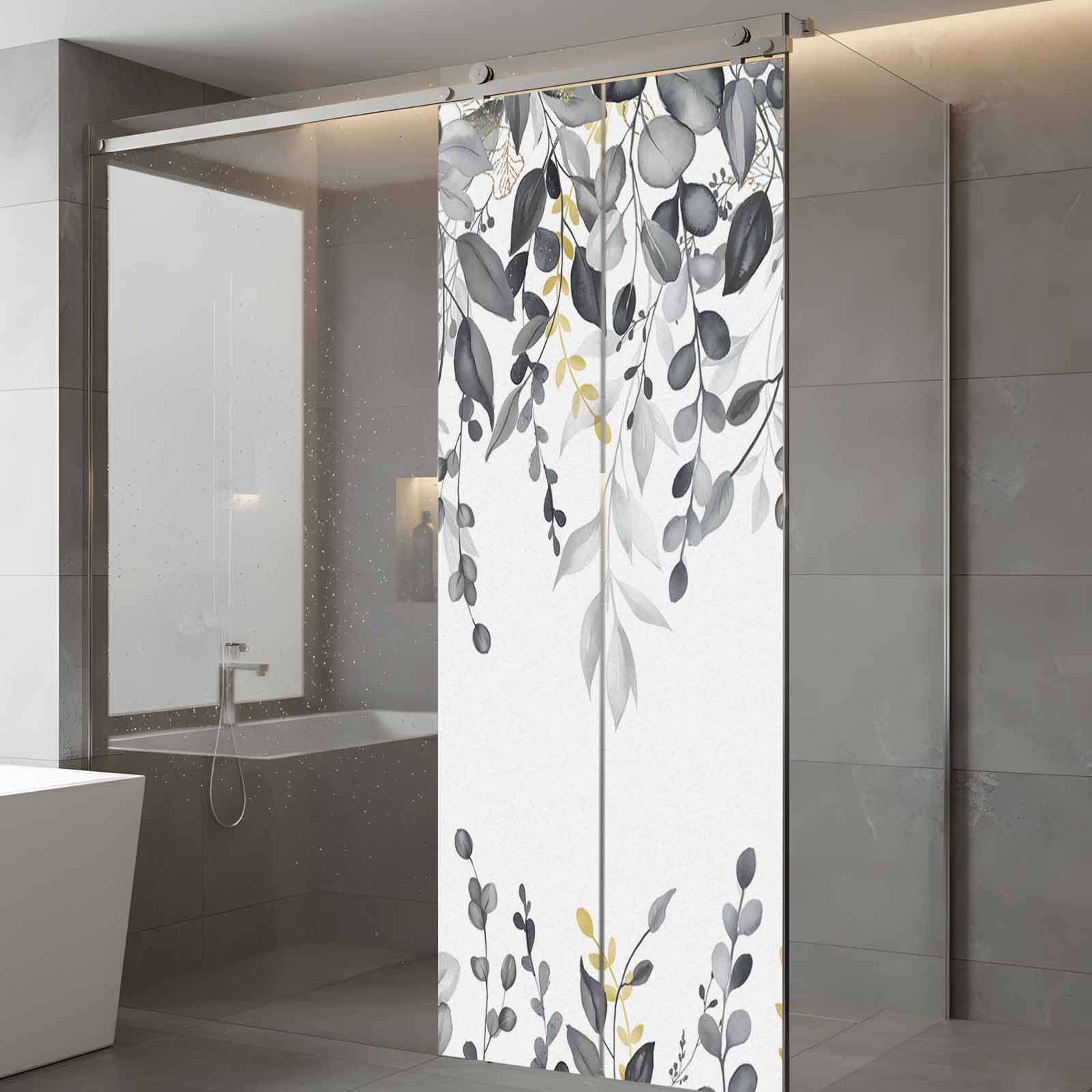Static Cling Door Window Covering, Gray Eucalyptus Leaves Window Privacy Film Frosted, Farmhouse Botanical Watercolor UV Blocking Windows Film for Office, Hotel, Bedroom, 29.5 x 78.7 Inches