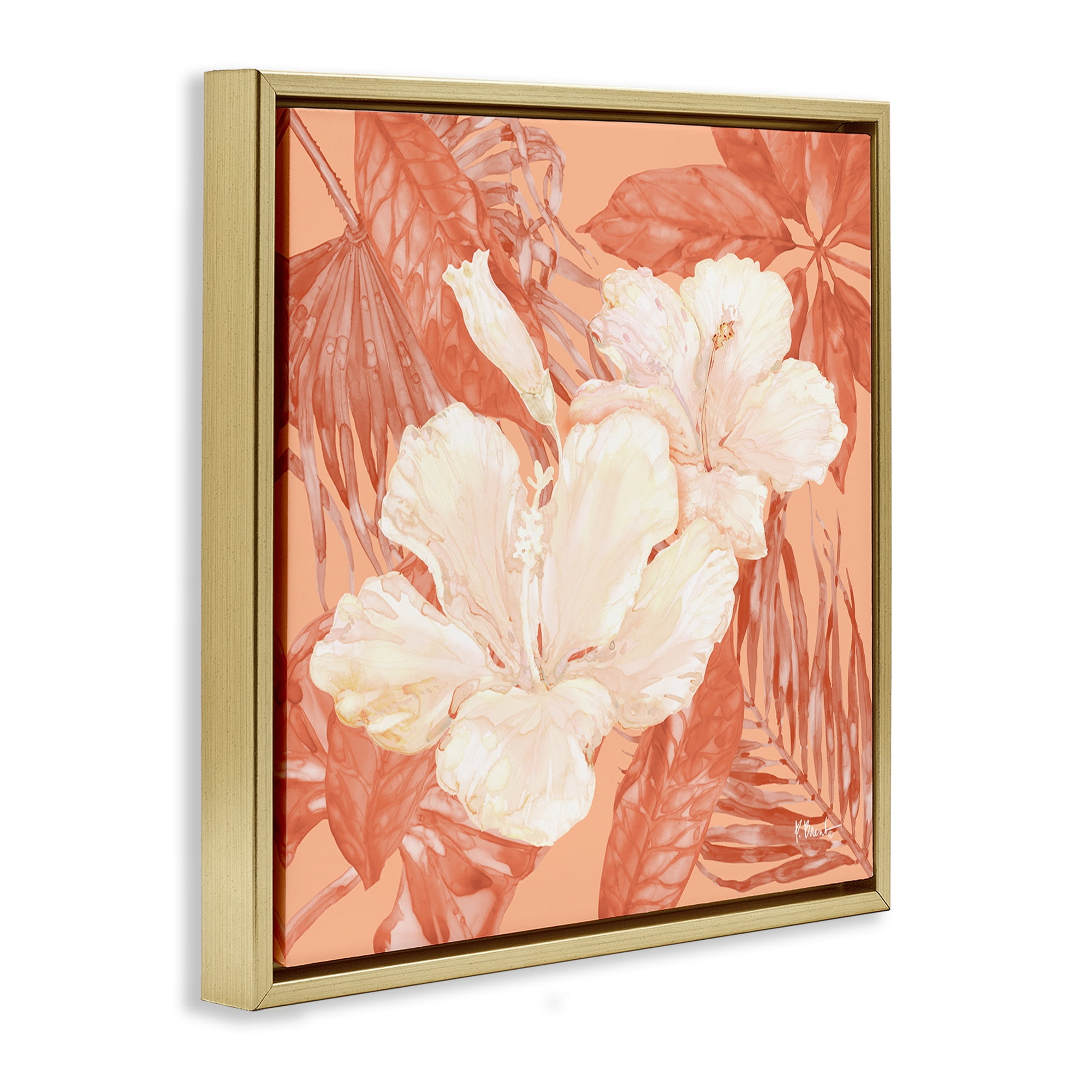 Stupell Industries Tropical Hibiscus Bunch Plants & Flowers Painting Gold Floater Framed Canvas Art Print Wall Art, 25 x 25