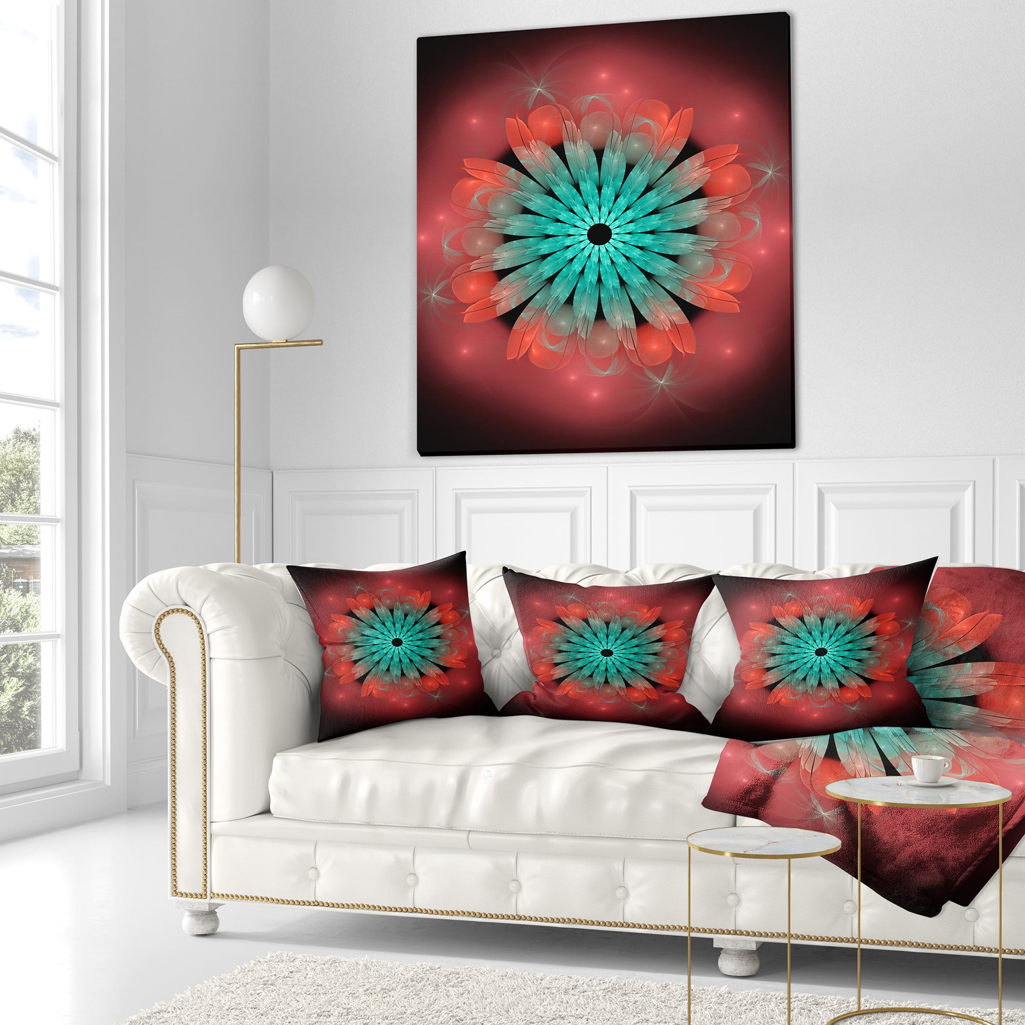 Designart Fractal Blooming Blue Red Flower - Floral Throw Pillow - 16x16