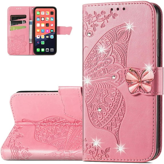 Wallet Case for iPhone 13 Pro Max,3D Butterfly Pattern PU Leather Case with Strong Magnetic Clasp and 3 Card Slots Holder Cover for iPhone 13 Pro Max (6.7) HZD Rhinestone Pink