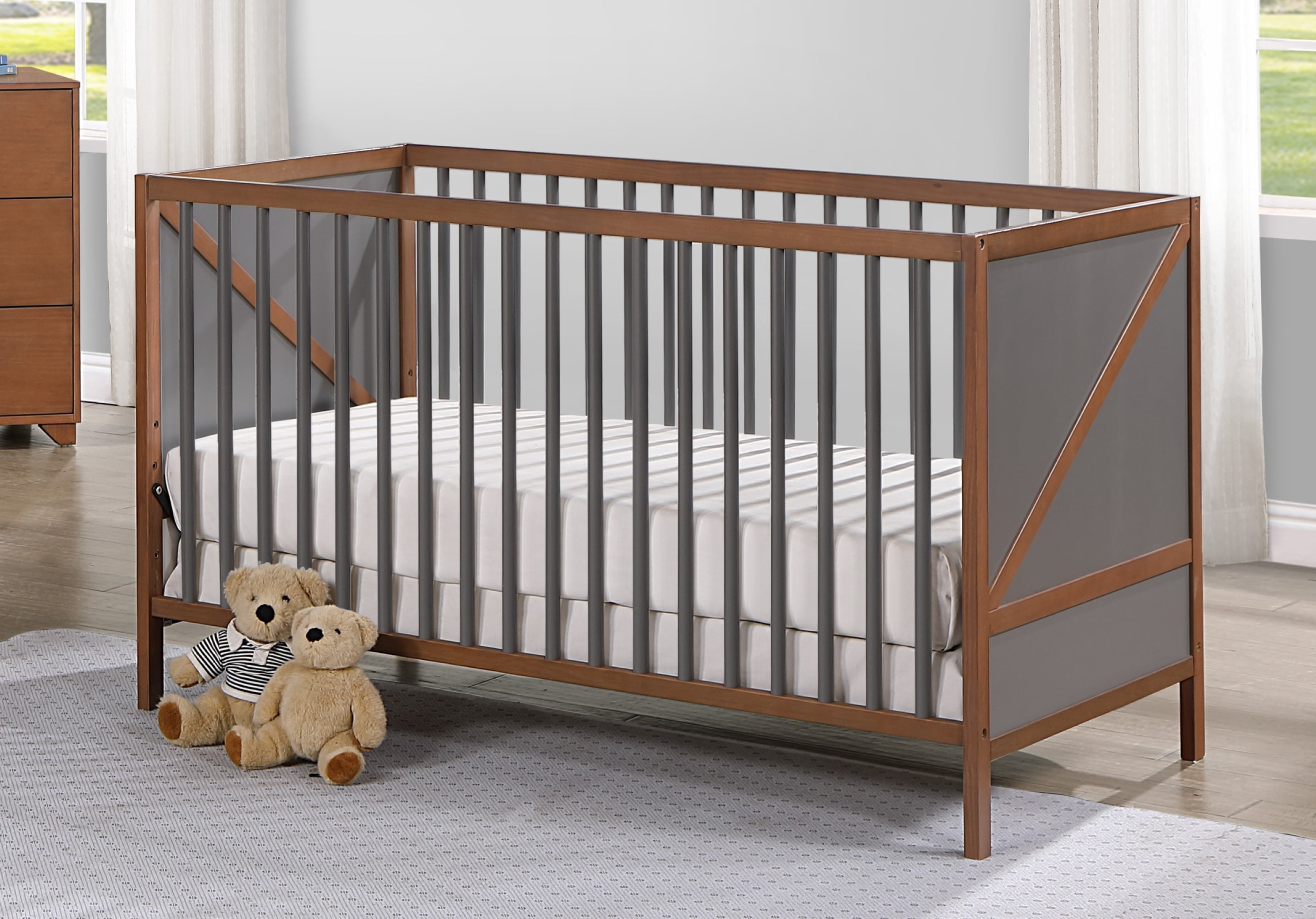 Suite Bebe Pixie Zen 3-in-1 Convertible Baby Wooden Crib With Round Spindles, in Walnut/Charcoal