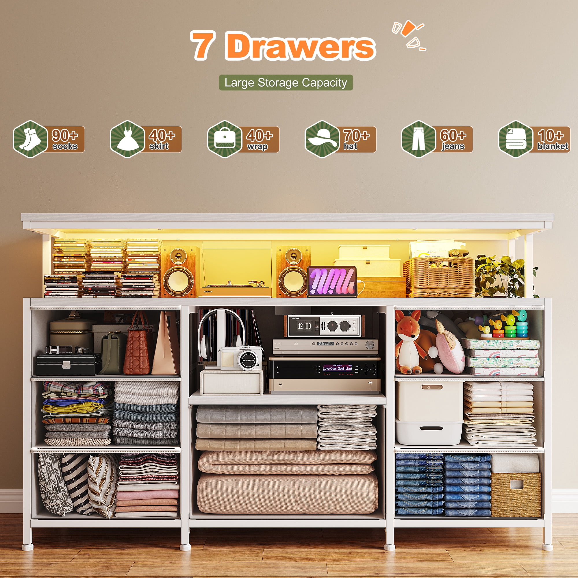 Dresser TV Stand for Bedroom with LED Lights & Power Outlets for 55" TV Wide Dresser for Bedroom with 7 Drawers & Open Shelves for Living Room, Sturdy Frame, White