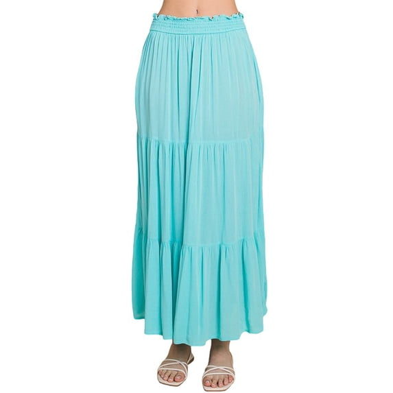 Pastel by Vivienne Women's Smocking Waist Tiered Long Skirt Plus Size Light Blue X-Large