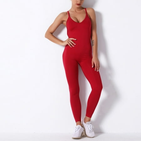 

Egmy Women Solid Color Seamless Yoga One-Piece Sexy Sling Sleeveless Workout Suit