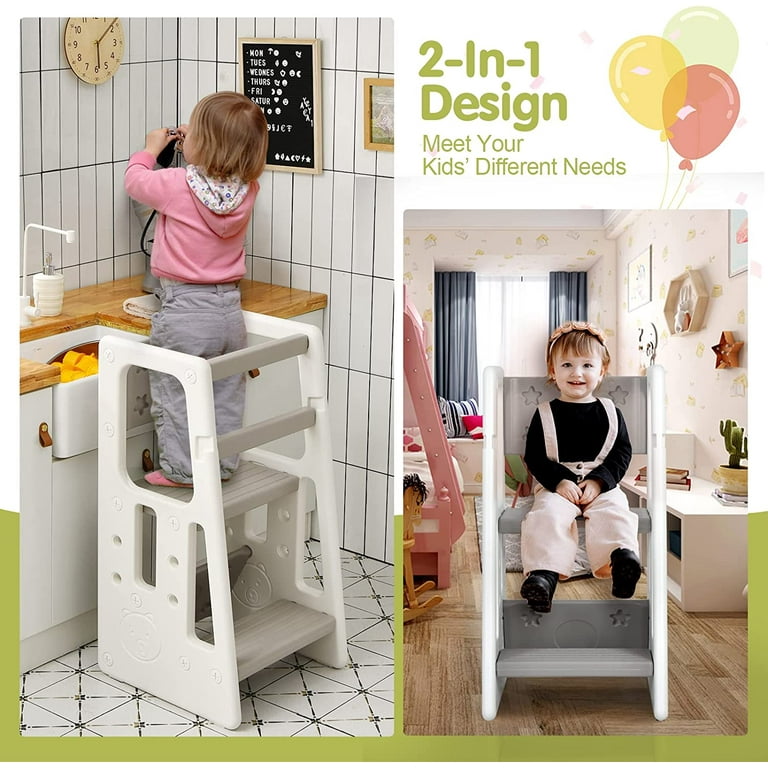 Kids Kitchen Step Stool with Double Safety Rails Toddler Learning