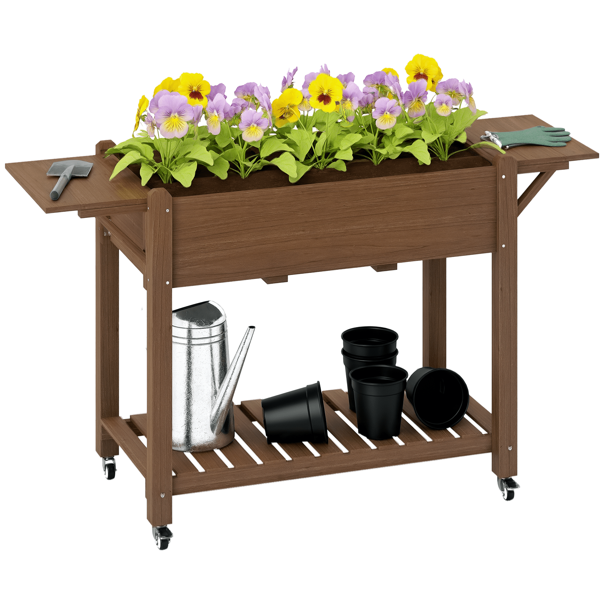 Outsunny Raised Garden Bed, Wood Elevated Planter Box with Lockable Wheels, Side Tables, Bottom Shelf, Bed Liner and Drainage Holes, Carbonized