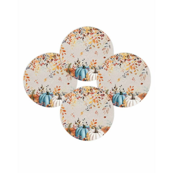 Fall Round Placemats Set of 4 Autumn Maple Leaves Place Mats Thanksgiving Woven Placemat Orange Berry Pumpkin Retro Linen Circle Braided Table Mat for Kitchen Dining Table Party Home Decor 15 Inch