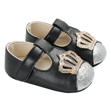 Baby Girls Shoes Soft Sole Non-Slip Leather Sandal Prewalker Crown Sequins Princess Shoes Black 12cm For 6-12 Months
