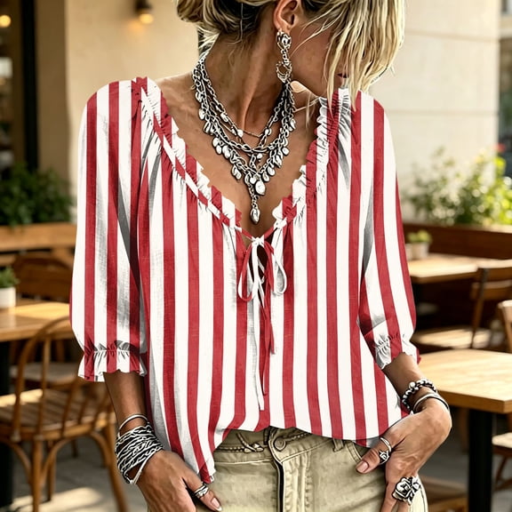 Women's Polka Dot Top Casual V Neck Pleated Top Boho Floral Blouses Loose Fit Work Blouses