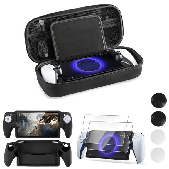 Hard Carrying Shell Case for PS Portal Remote Player with 2 Screen Protector, 1 Grip Case, 4 Thumb Grip Caps, Hard Outer Cover-Black