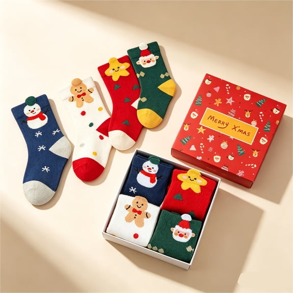 Sawnfay Kids Christmas Socks - 4 Pairs Soft Cotton Socks for Boys Girls, Fun Holiday Novelty Gift for Birthday Christmas Stocking Stuffers, Size M (3-5years)