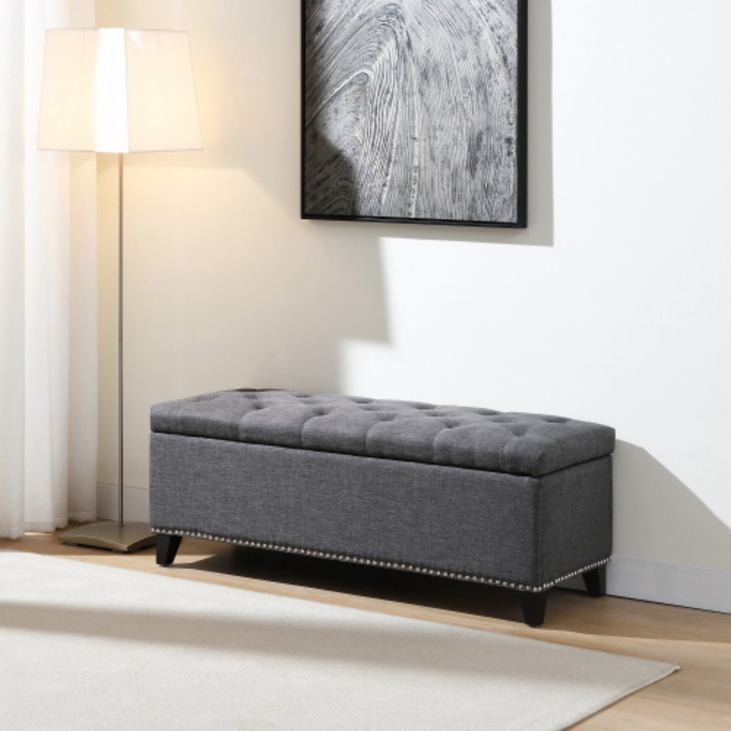 47.5" Storage Ottoman Bench with Safety Hinge, Linen Tufted Storage Bench for Bedroom, Entryway, Living Room, End of Bed Bench, Dark Gray