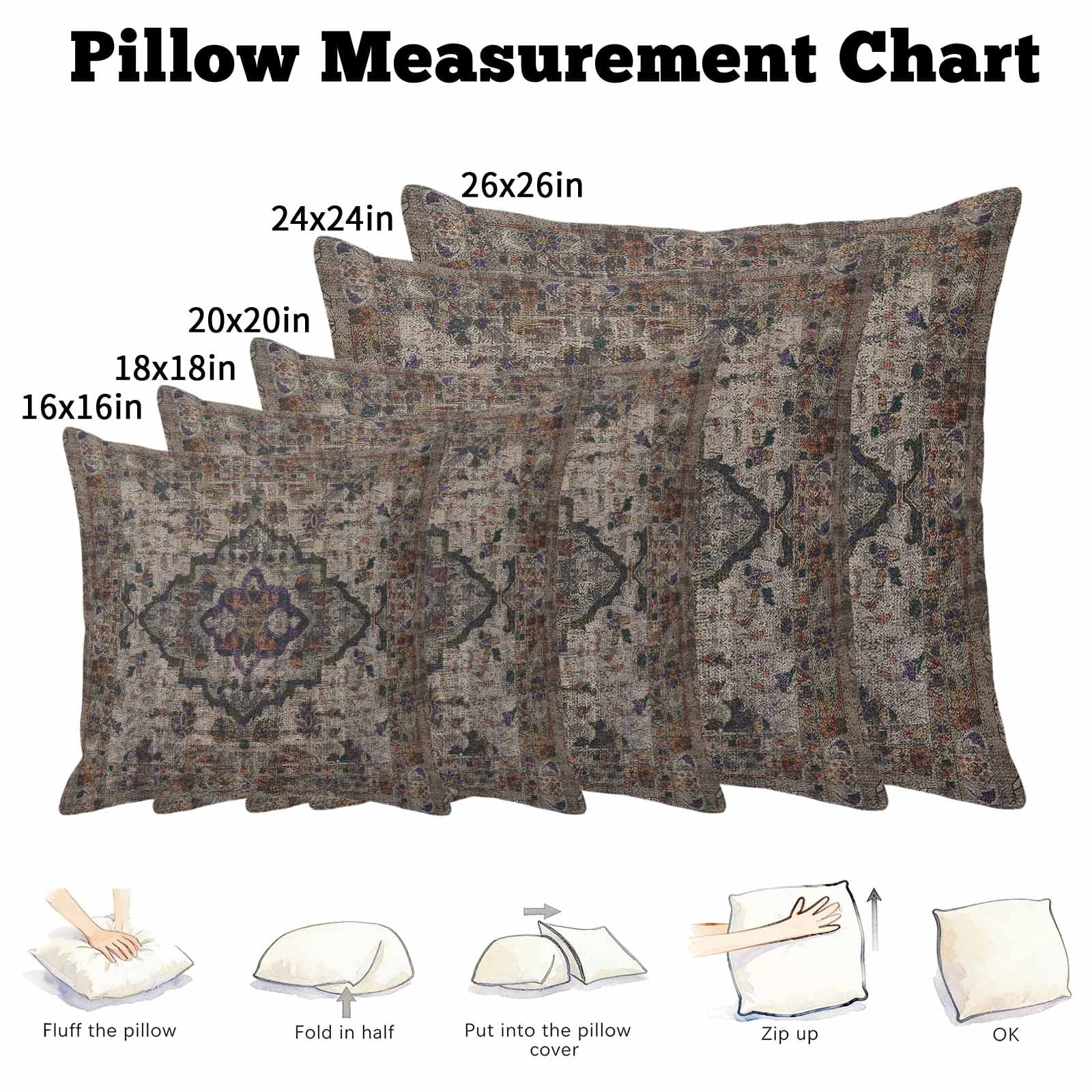 Pillow Covers 26x26 Inch, Boho Vintage Linen Pillowcase with Invisible Zipper, Modern Geometric Abstract Art Retro Flowers Decorative Throw Pillow Covers Cushion Case for Couch Sofa Bed Living Room