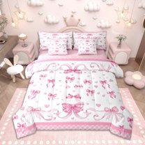 Homewish Kawaii Bowknot Bedding Comforter Set 7pcs for Girls, White Pink Plaid Queen Bedding Sets, Hand Drawn Love Hearts Queen Sheet Sets, Luxury Bedroom Decor