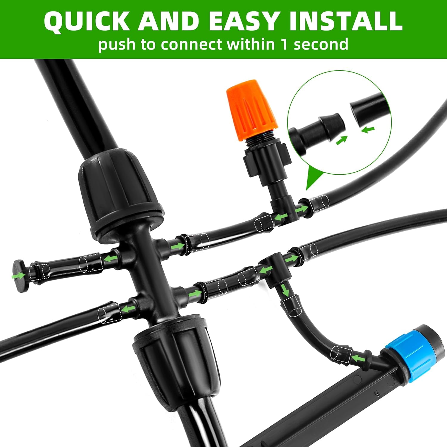 Drip Irrigation System Kit, 240 Ft Automatic DIY Garden Watering and Misting Set, Adjustable Drip Emitters, 5/16 in and 1/4 in Tubing, Connectors and Fittings