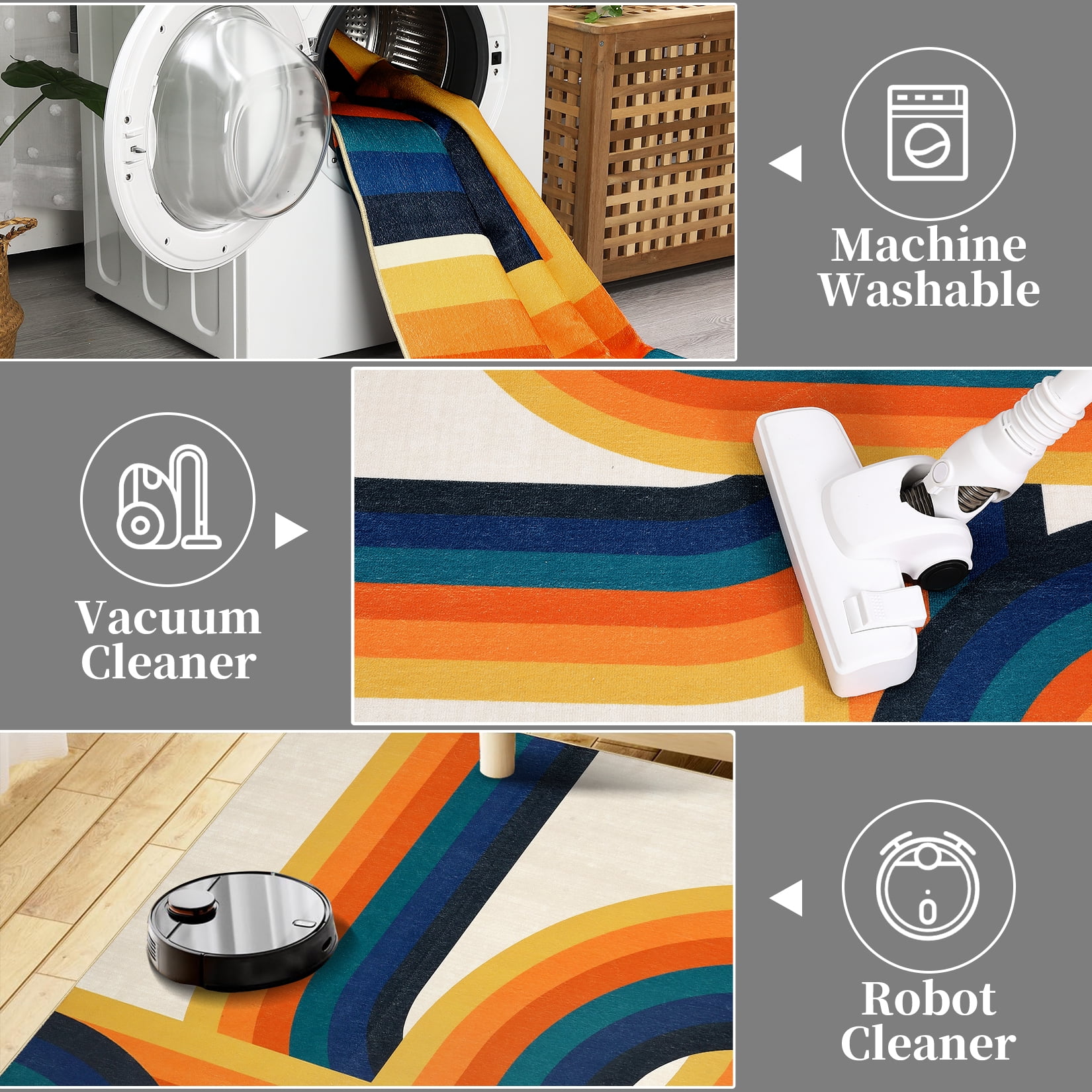 GlowSol 9' x 12' Large Washable Area Rugs for Living Room Bedroom Modern Geometric Rug Non Slip Low Pile Carpet, Blue Orange