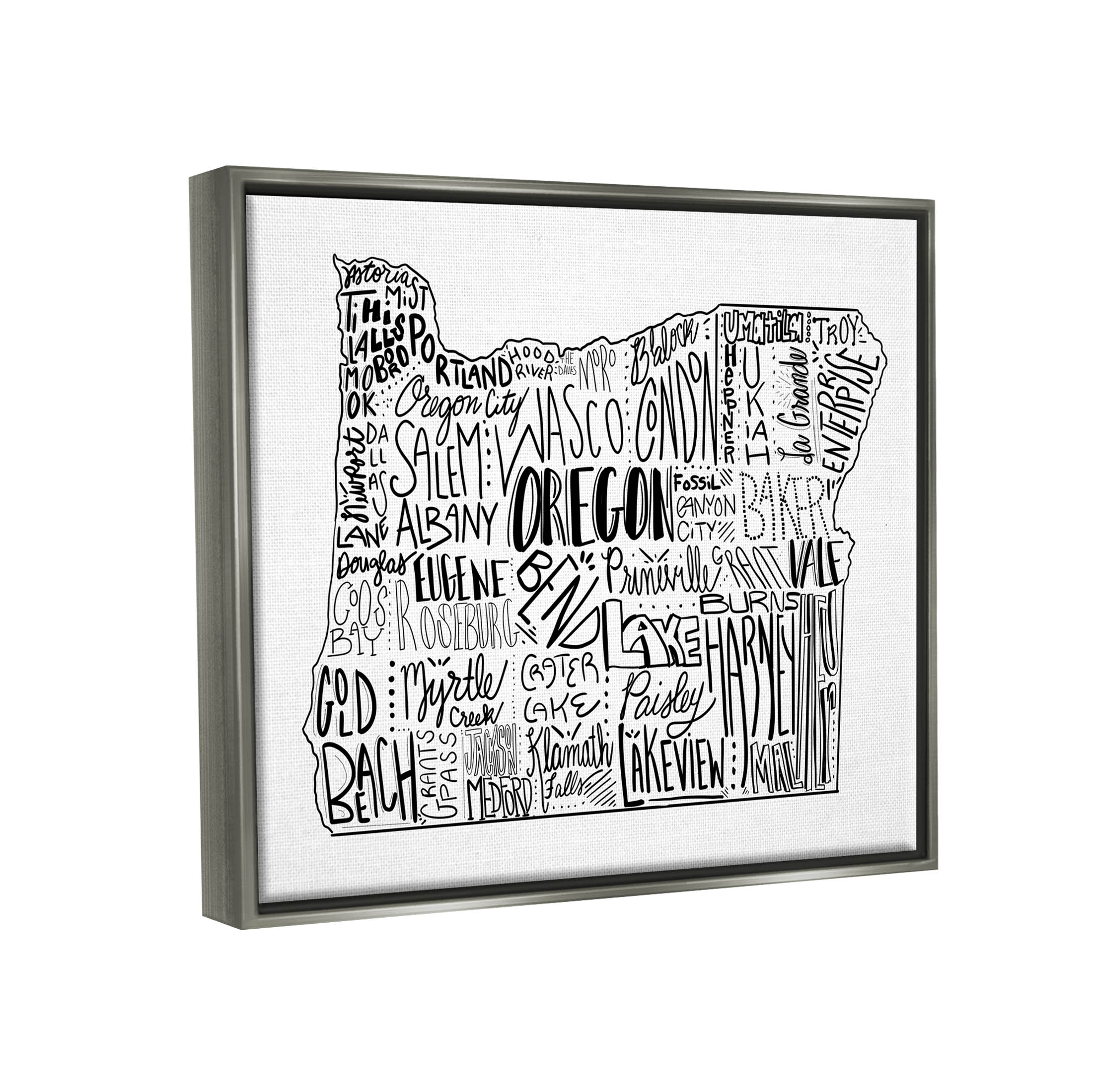 Stupell Industries Oregon State Cities Map Graphic Art Luster Gray Floating Framed Canvas Print Wall Art, Design by The Saturday Evening Post