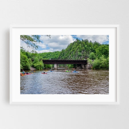 Kayaks on the Lehigh River - Jim Thorpe Pennsylvania Photography Bridge Wilderness Scenic Nature White Framed Wall Art Print 24 x 36 inches
