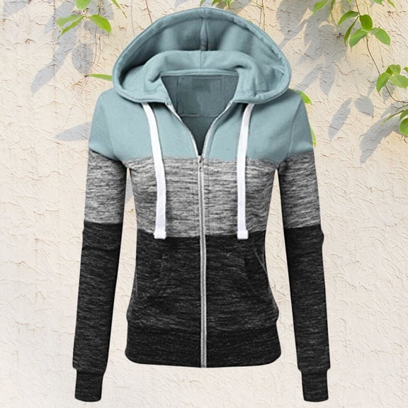 Women Sweatshirts Autumn Winter Hoodies Long Sleeve Hoody Ladies Zipper Pocket Patchwork Hooded Sweatshirt Female Outwear