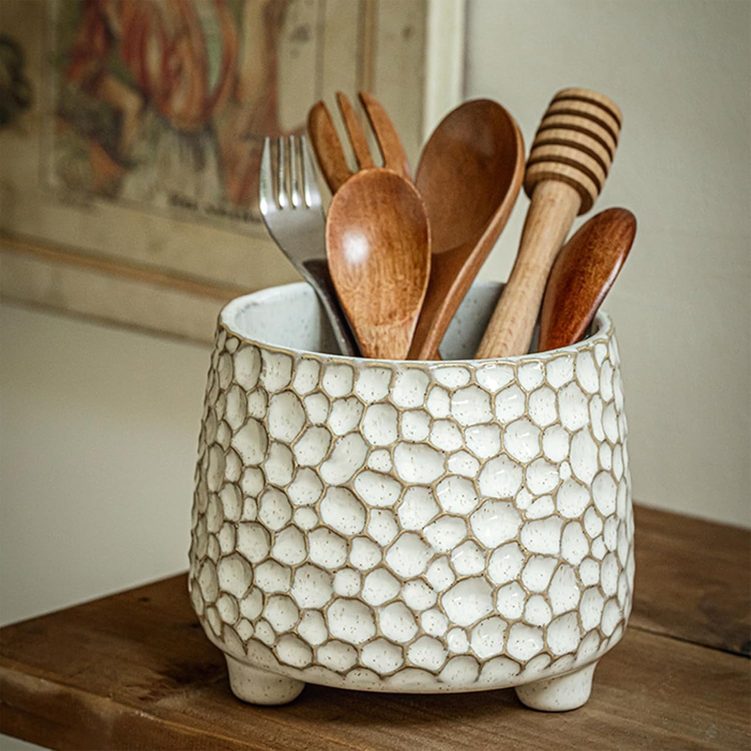ABCISI Ceramic Utensil Holder for Countertop, 4.5-Inch Embossed Farmhouse Crock with Stable Triangular Base, Cream White Textured Kitchen Counter Organizer
