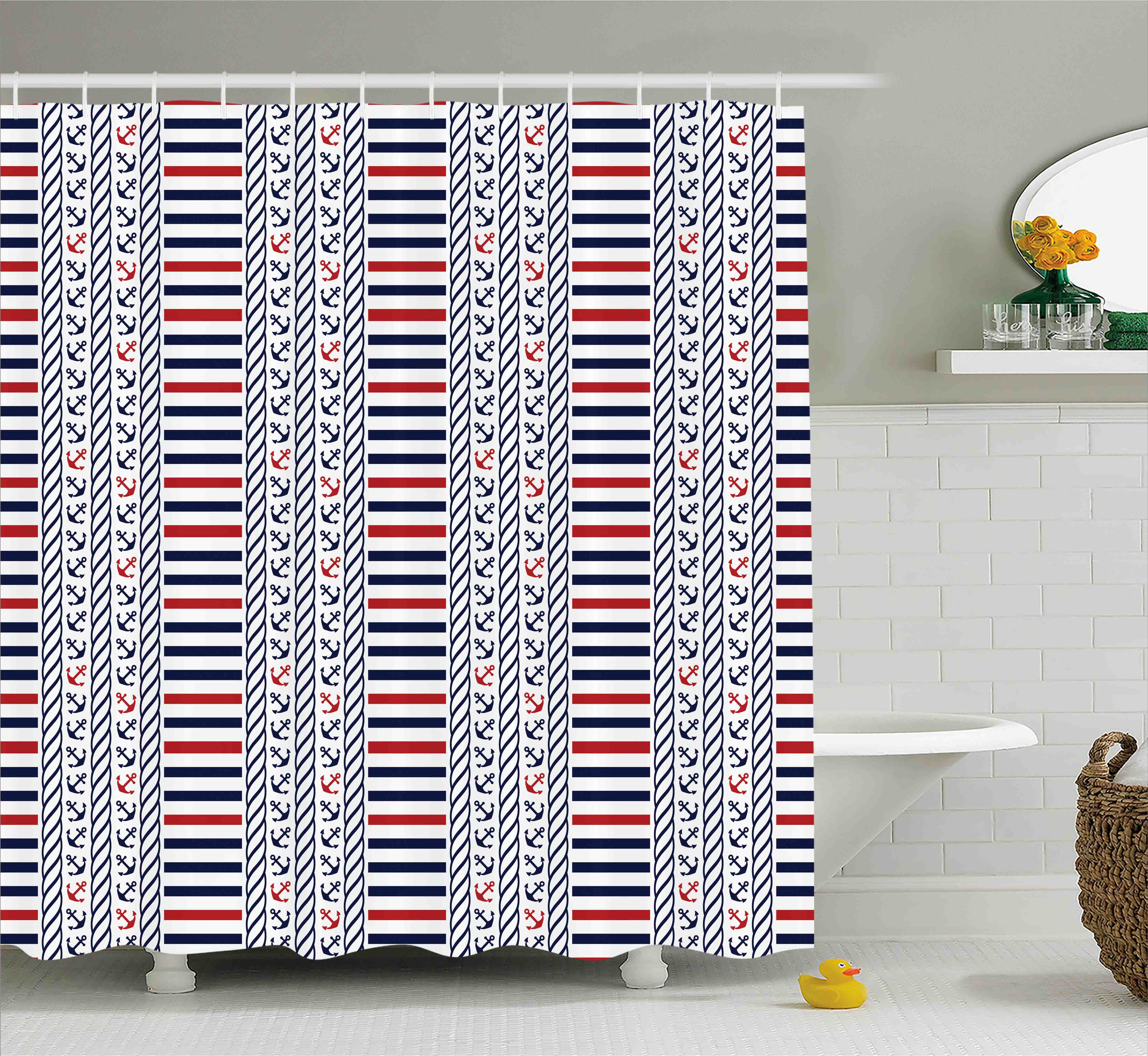Nautical Decor Shower Curtain, Maritime Pattern with Stripes Anchors Rope Figures Sailor Symbol