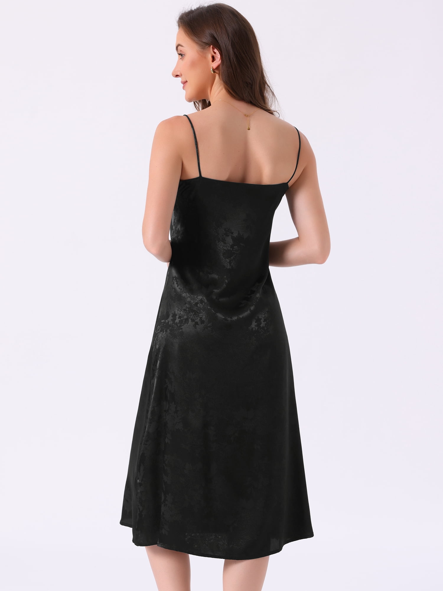 DARING DIVA Women's Satin Floral V Neck Spaghetti Strap Slip Nightgowns M Black