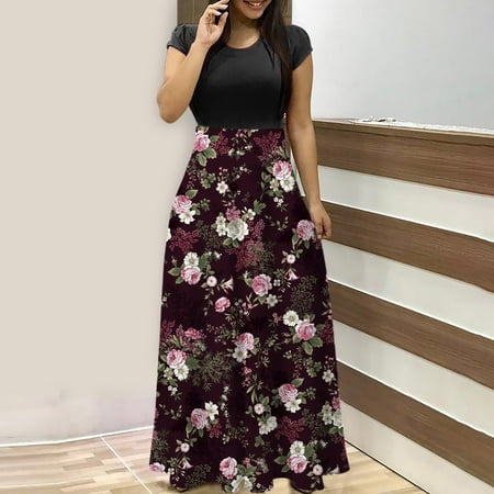 

Tawop Fashion Women Summer Printing Causal Round Neck Short Sleeve Long Dress Flat Dress Shoes For Women