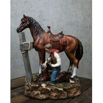 Rustic Western Cowboy By Brown Horse Praying At The Foot Of The Cross Figurine
