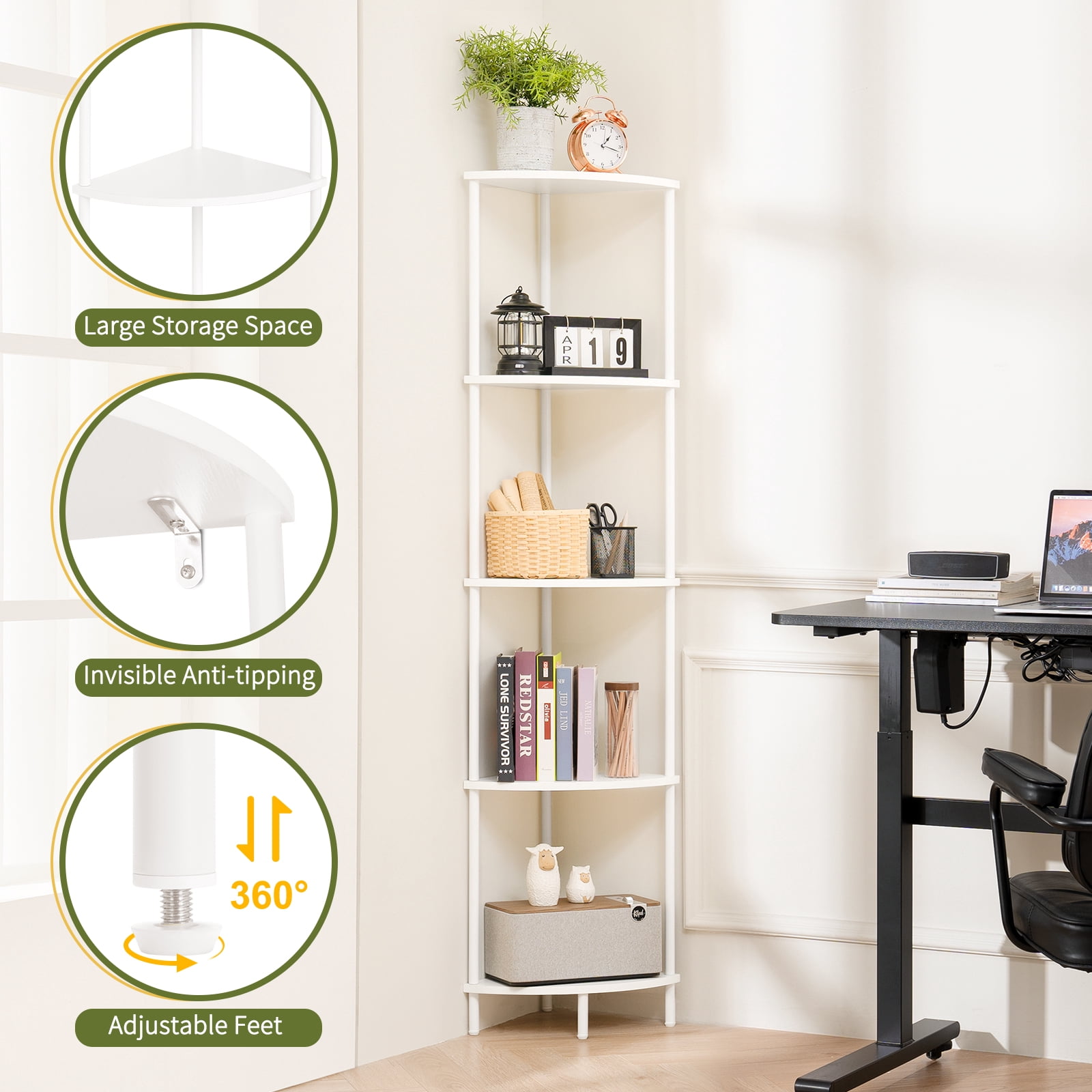 Yoobure Corner Shelf Stand, 5-Tier Corner Shelves, 65" Wall Corner Bookshelf, Display Shelf Tall Shelf Plant Stand for Bedroom, Bathroom, Living Room, White