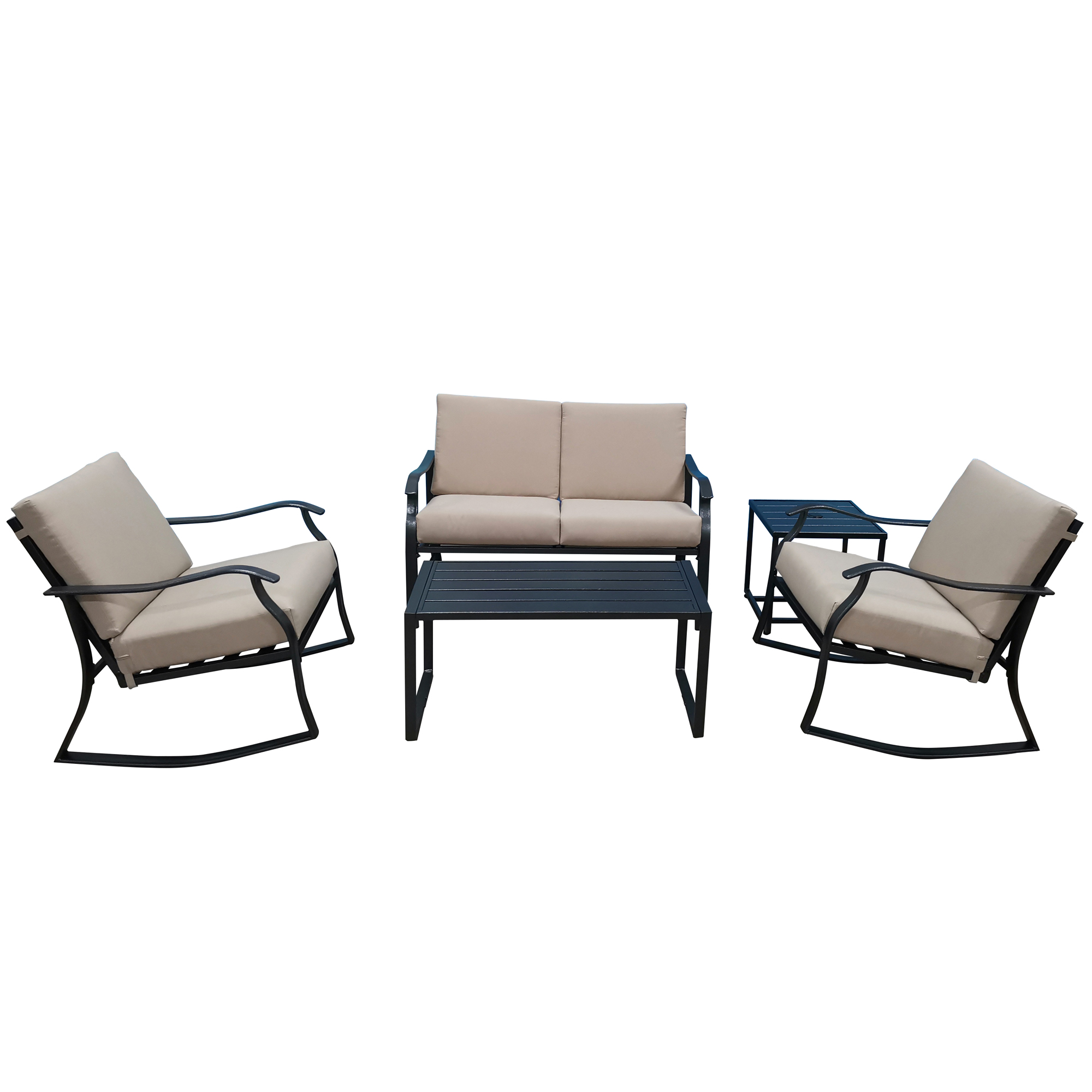 5 Pieces Outdoor Furniture Sets, Metal Patio Set with Coffee Table, Side Table, Loveseat, 2 Rocking Chairs, and 4 Chair Cushions, Bistro Set Balcony Furniture for Home Lawn, Beige, LJ3123 - image 3 of 9