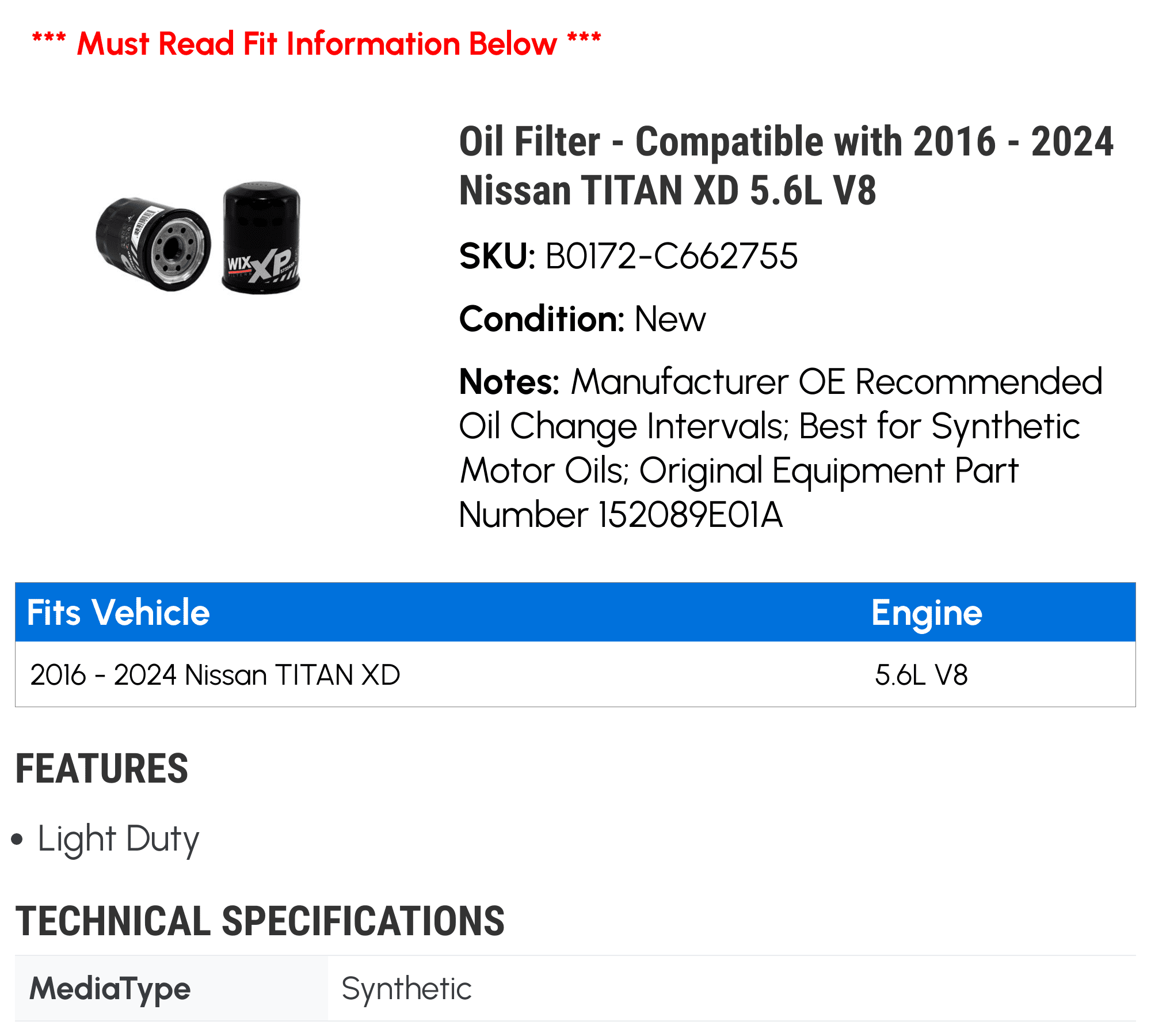 Oil Filter - Compatible with 2016 - 2024 Nissan TITAN XD 5.6L V8 2017 2018 2019 2020 2021 2022 2023