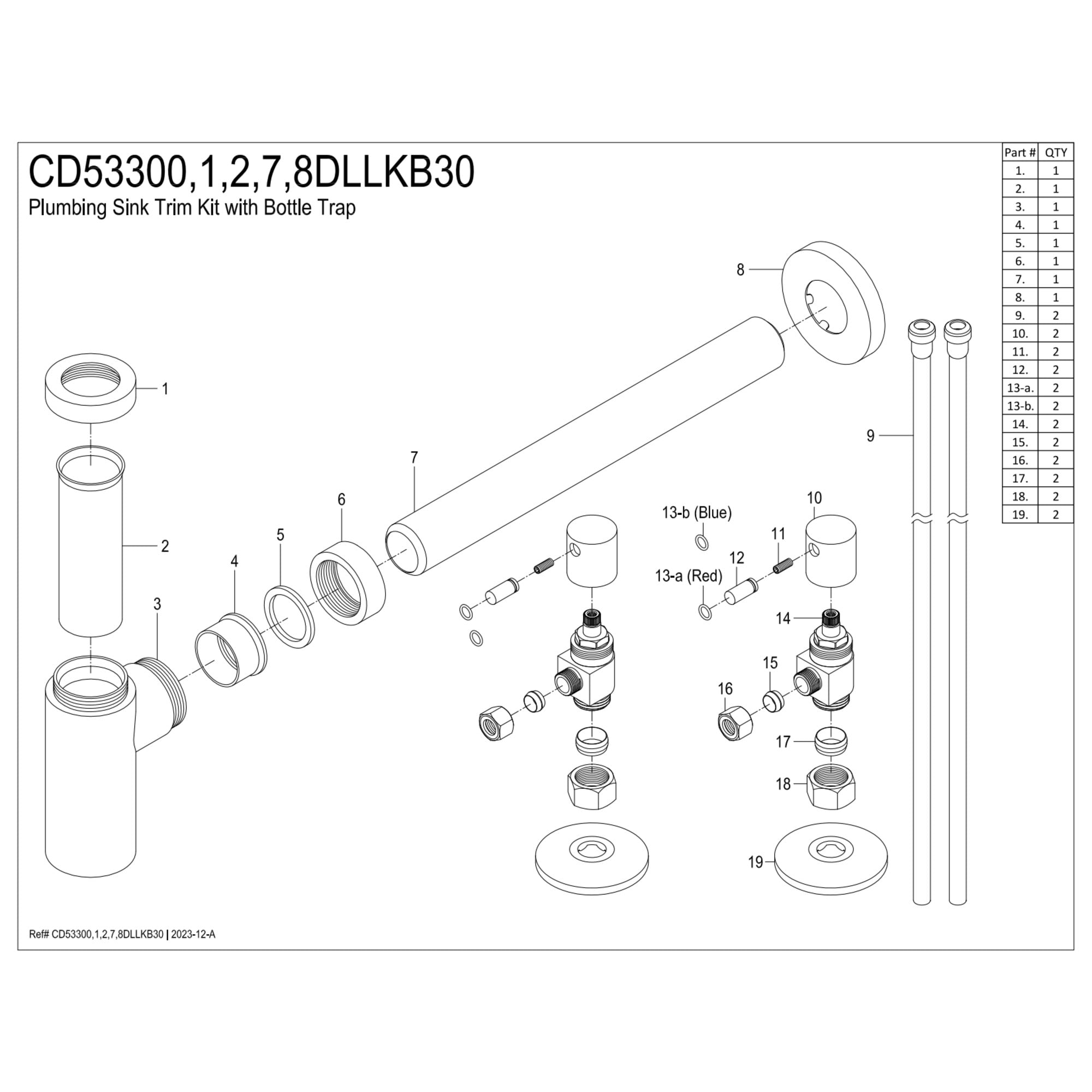 Kingston Brass CD53307DLLKB30 Trimscape Modern Plumbing Sink Trim Kit with Bottle Trap in Brushed Brass
