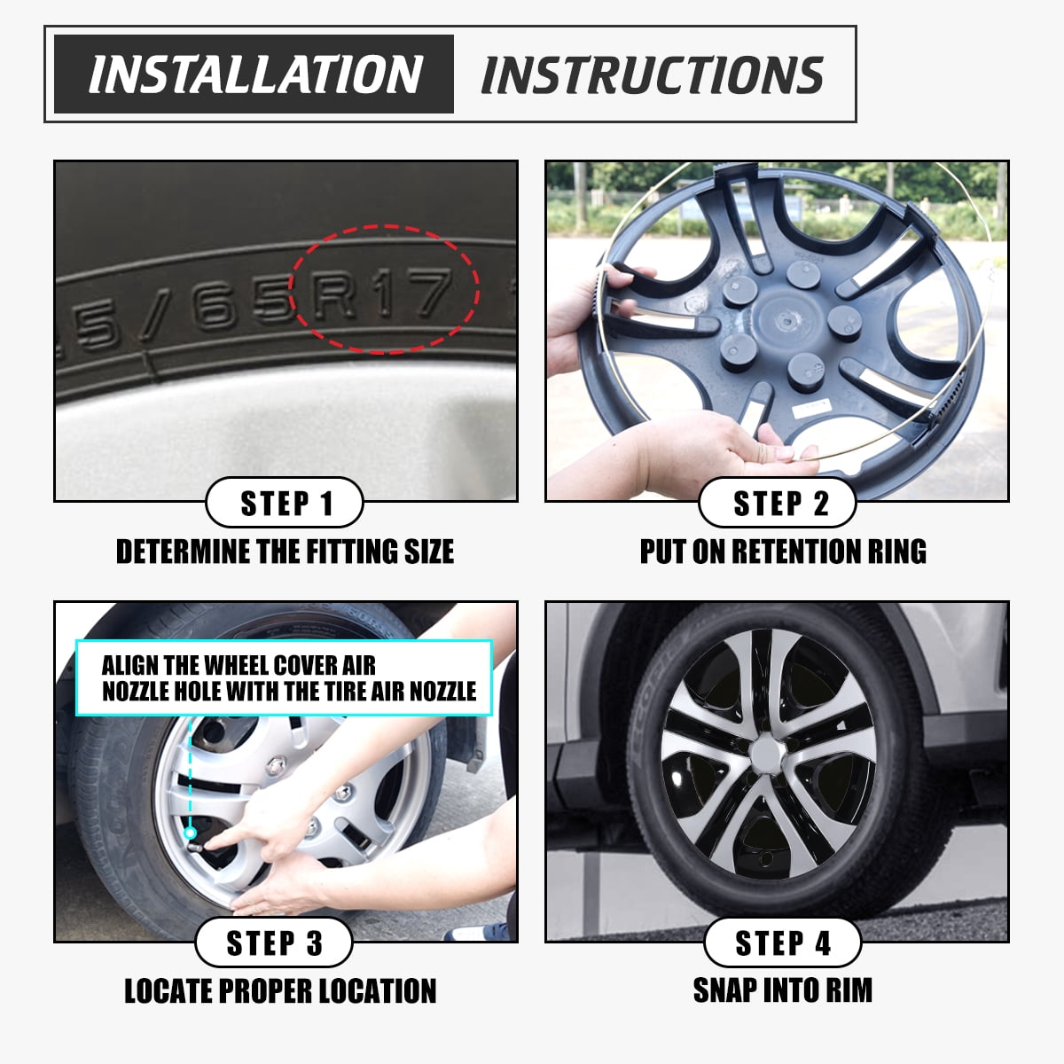 4 Pack 17 inch Wheel Cover Hubcap for 2013 2014 2015 2016 2017 2018 Toyota Rav4,Snap-on Installation,Silver Lacquer & Black Lacquer