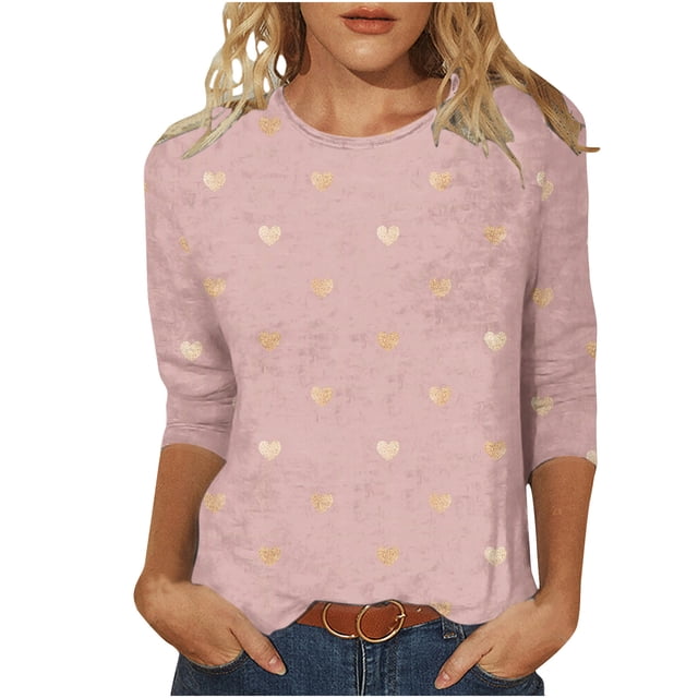 Bowake Hauts d'Été pour Femmes 2024 Col Rond Manches 3/4 T-Shirts Pailletés Scintillants pour Femmes T-Shirts Décontractés Chics Roses 5