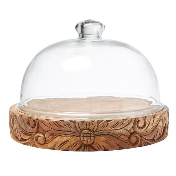 Santa Barbara Design Studio Glass Dome with Carved Base, 11"L x 11"W x 1.75"H, Carved Mango Wood