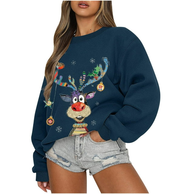 Chandails en Molleton de Noël Mode Décontractée pour Femmes Manches Longues Col Rond Imprimé Chandail en Molleton pour Dames Blouse Chandail en Molleton pour Femmes en Liquidation
