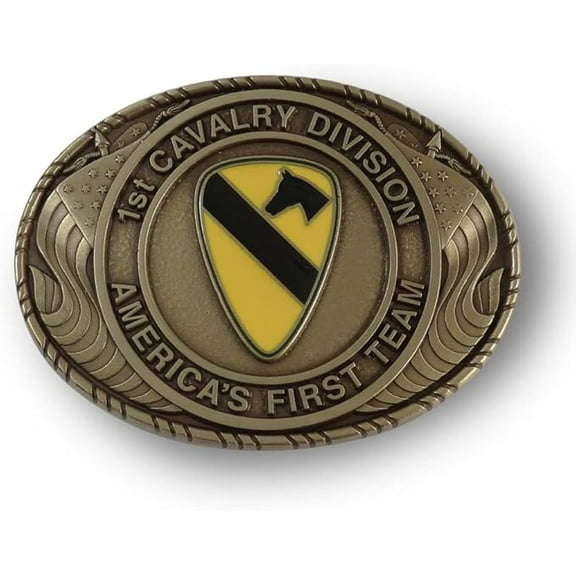 Indiana Metal Craft US Army 1st Cavalry Division Double USA Flag Solid Brass Buckle with Belt. MADE IN USA.