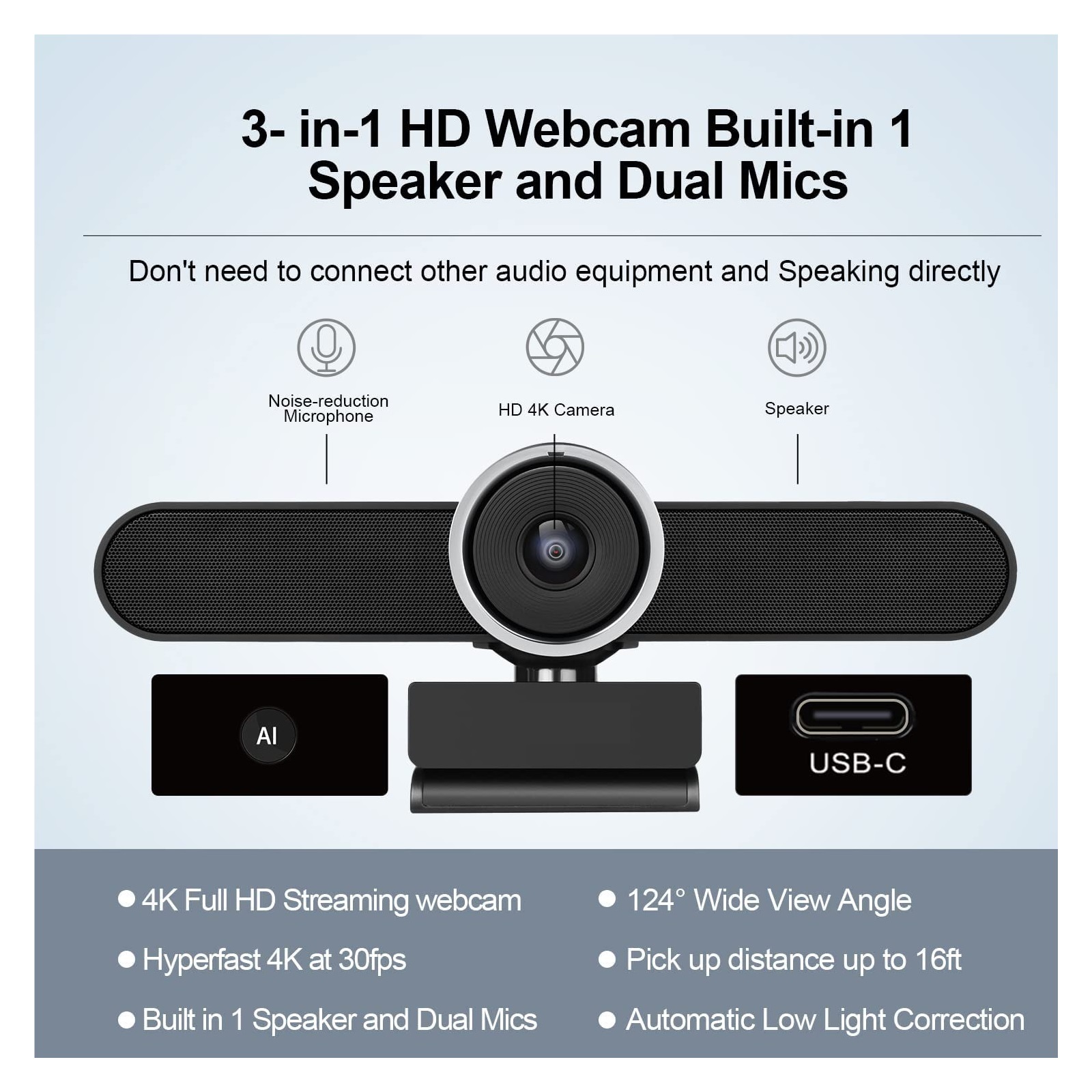 8MP 4K Webcam Ai Auto Framing On 2K 124 ° FOV USB Type-C With Mic And Speaker Live Broadcast Video Calling Conference Web ,Full Clarity