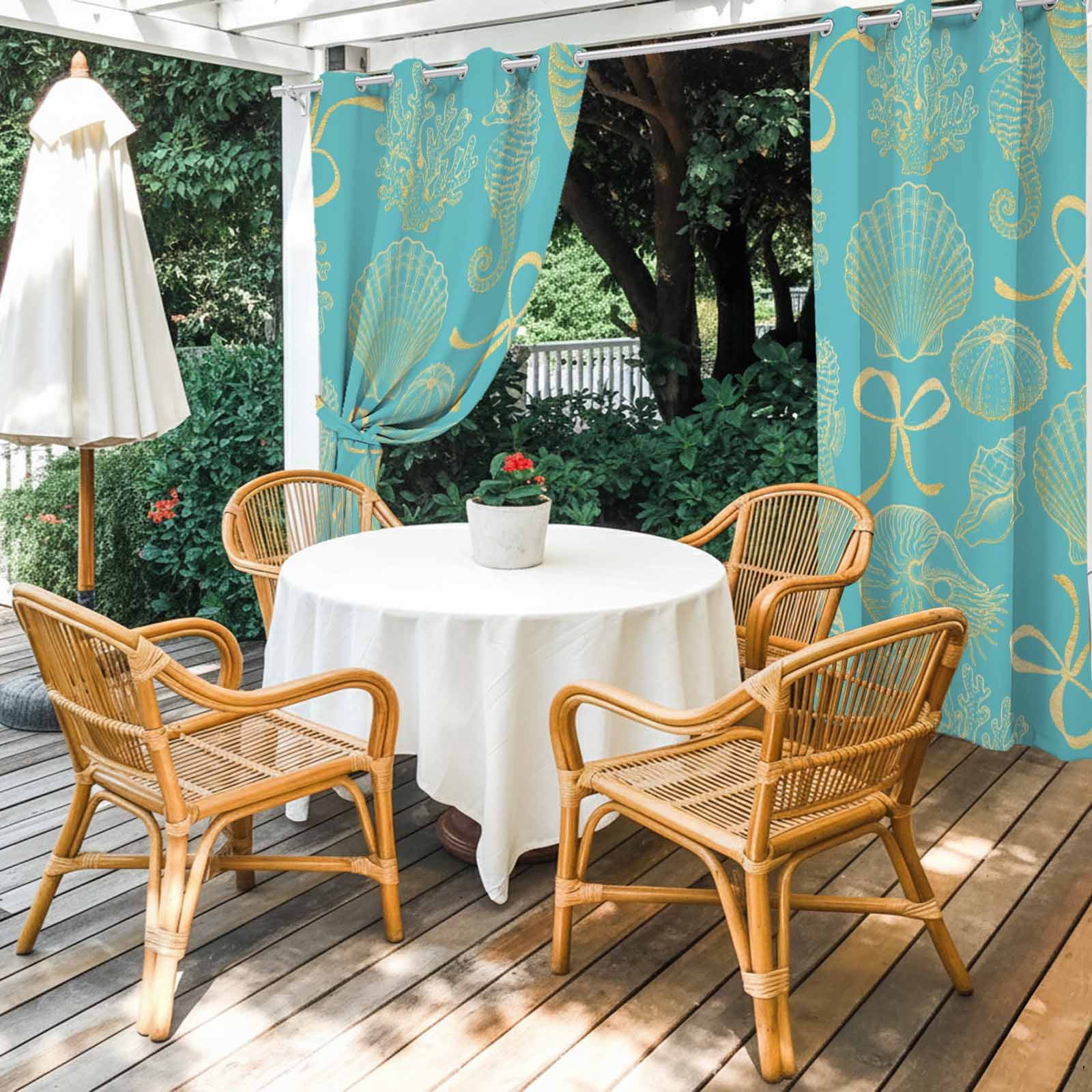 Ocean Shell Outdoor Curtains for Patio, Gold Seahorse Shells Bowknot Coral Blue Sunshade Privacy Drapes Grommet Waterproof Outside Curtains for Porch/Cabana/Balcony 54"x 108", 1 Panel