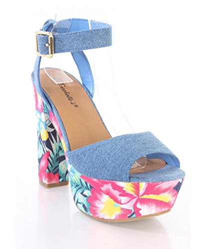 Tropical Floral Aqua Peep Toe Denim 