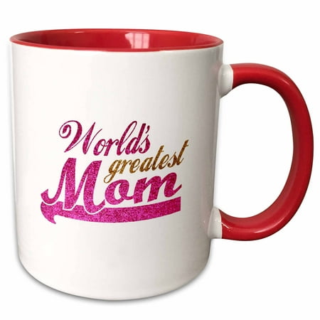3dRose Worlds Greatest Mom - hot pink and gold text - Best mom - good for Mothers day - parent child love - Two Tone Red Mug,